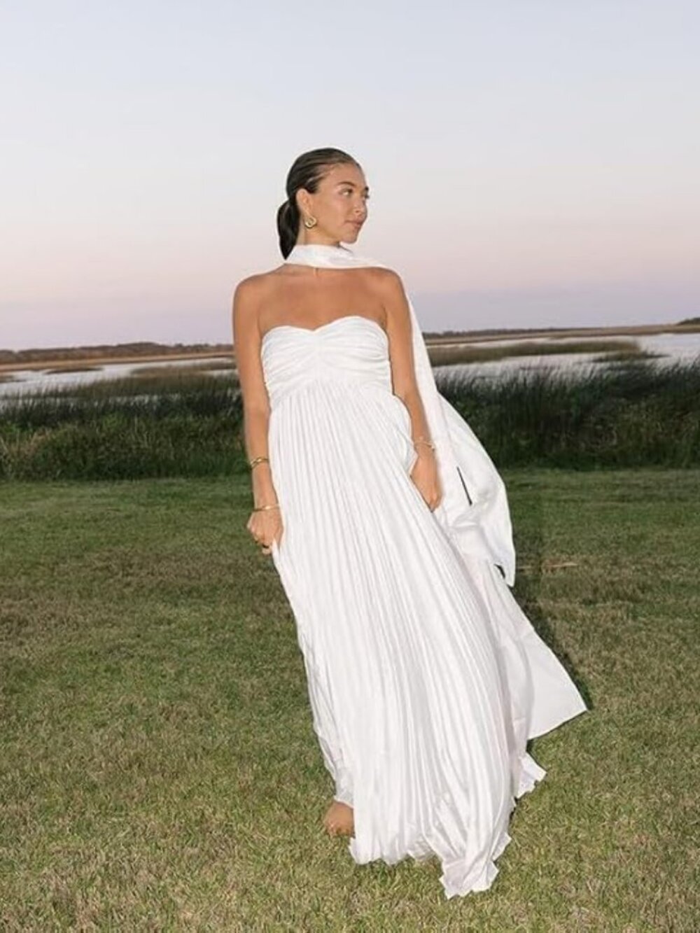 WENKAFO White Strapless Ruched Maxi Dress Scarf A-Line Formal Gown 18 NWT - Picture 3 of 3